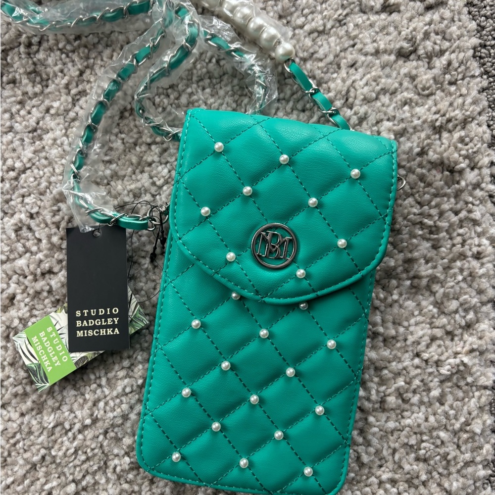 Badgley Mischka Teal Quilted Cross Body with Pearls NWT